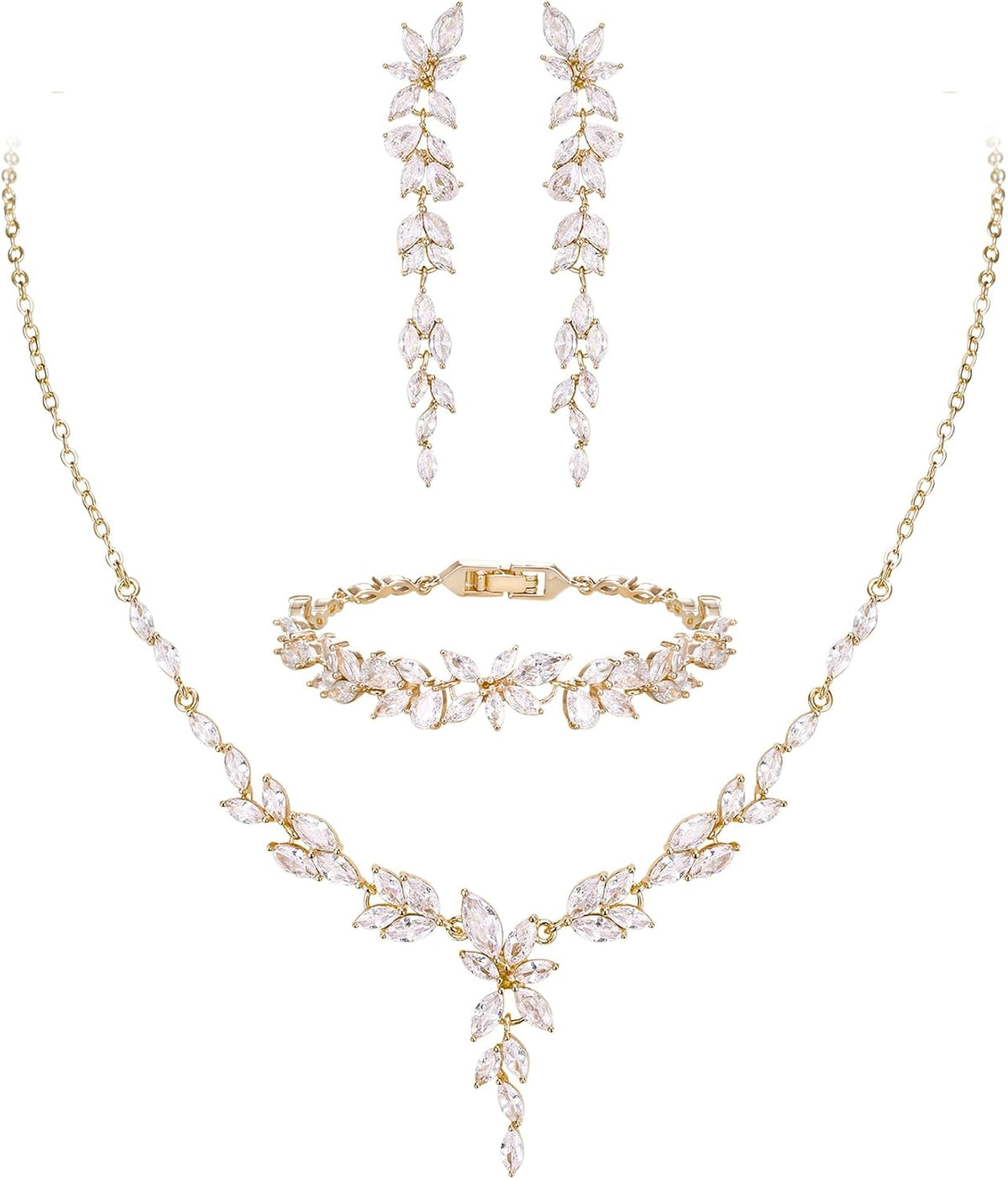 Matching bridal set: necklace, drop earrings and bracelet
