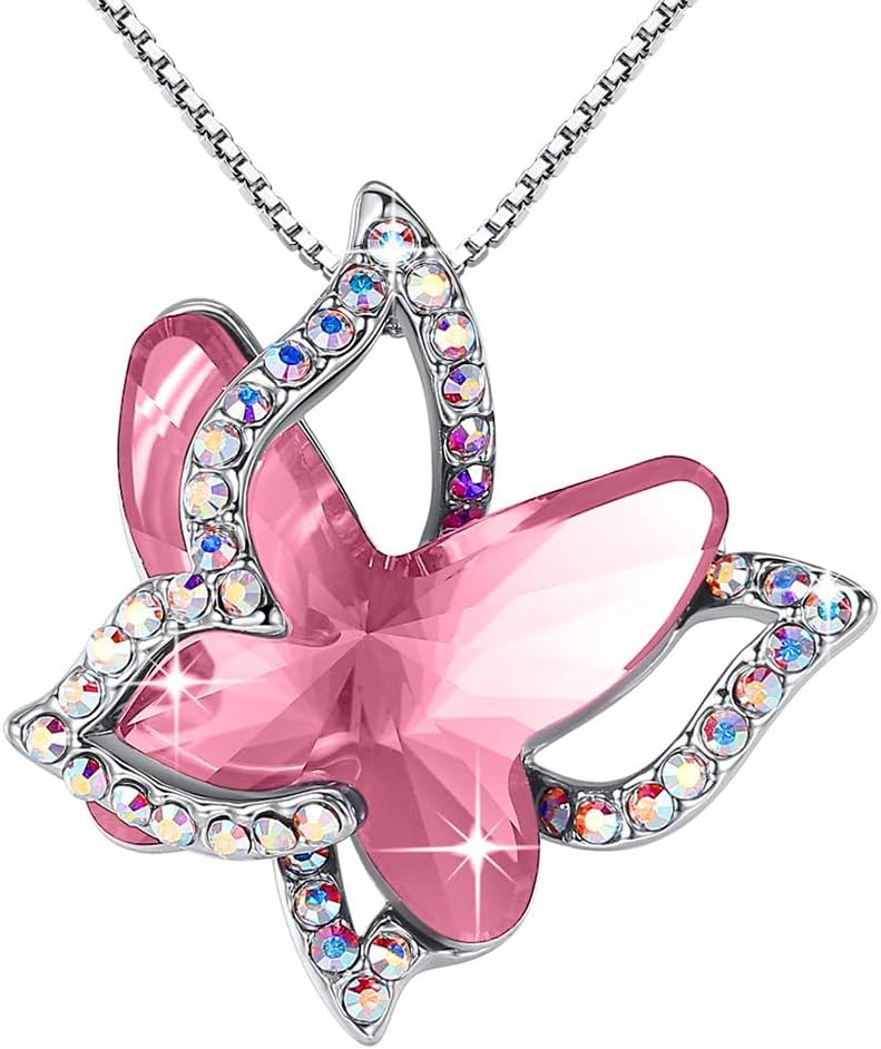 Faceted crystal butterfly pendant with a pave silver-tone wing overlay