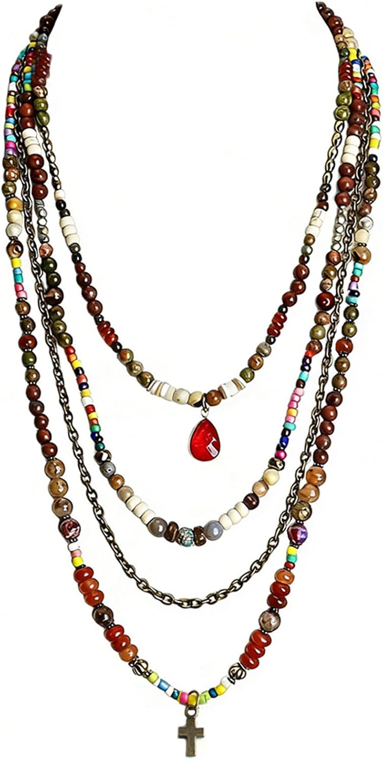 Four-strand layered necklace of mixed stone, wood and glass beads