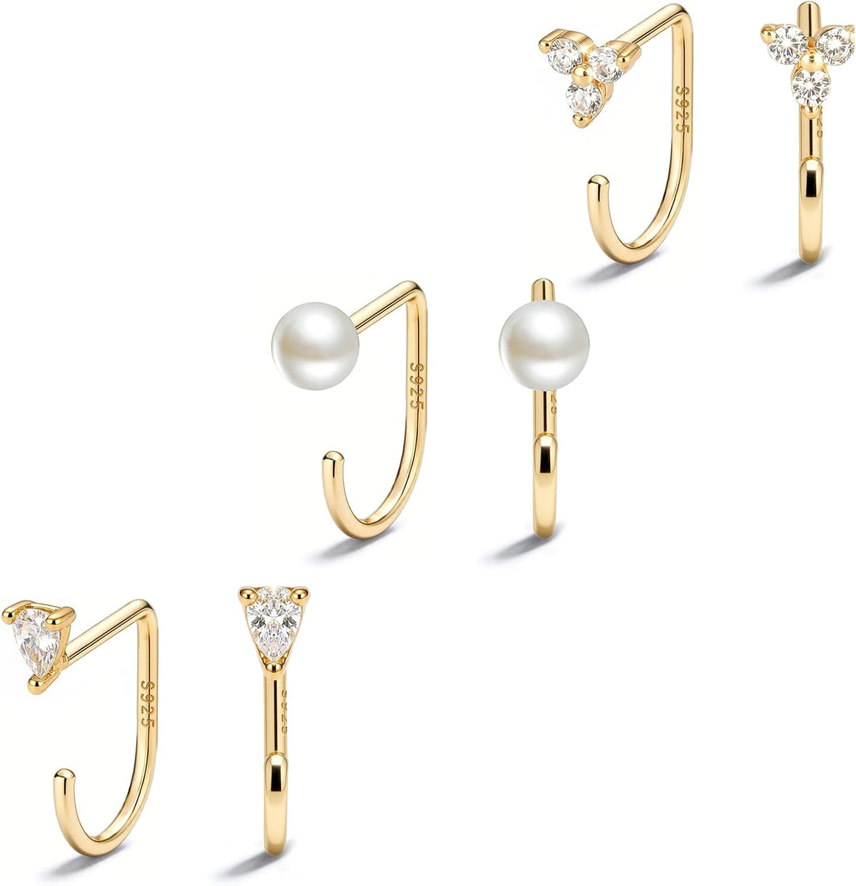 Small half hoop huggie earrings shown in several designs