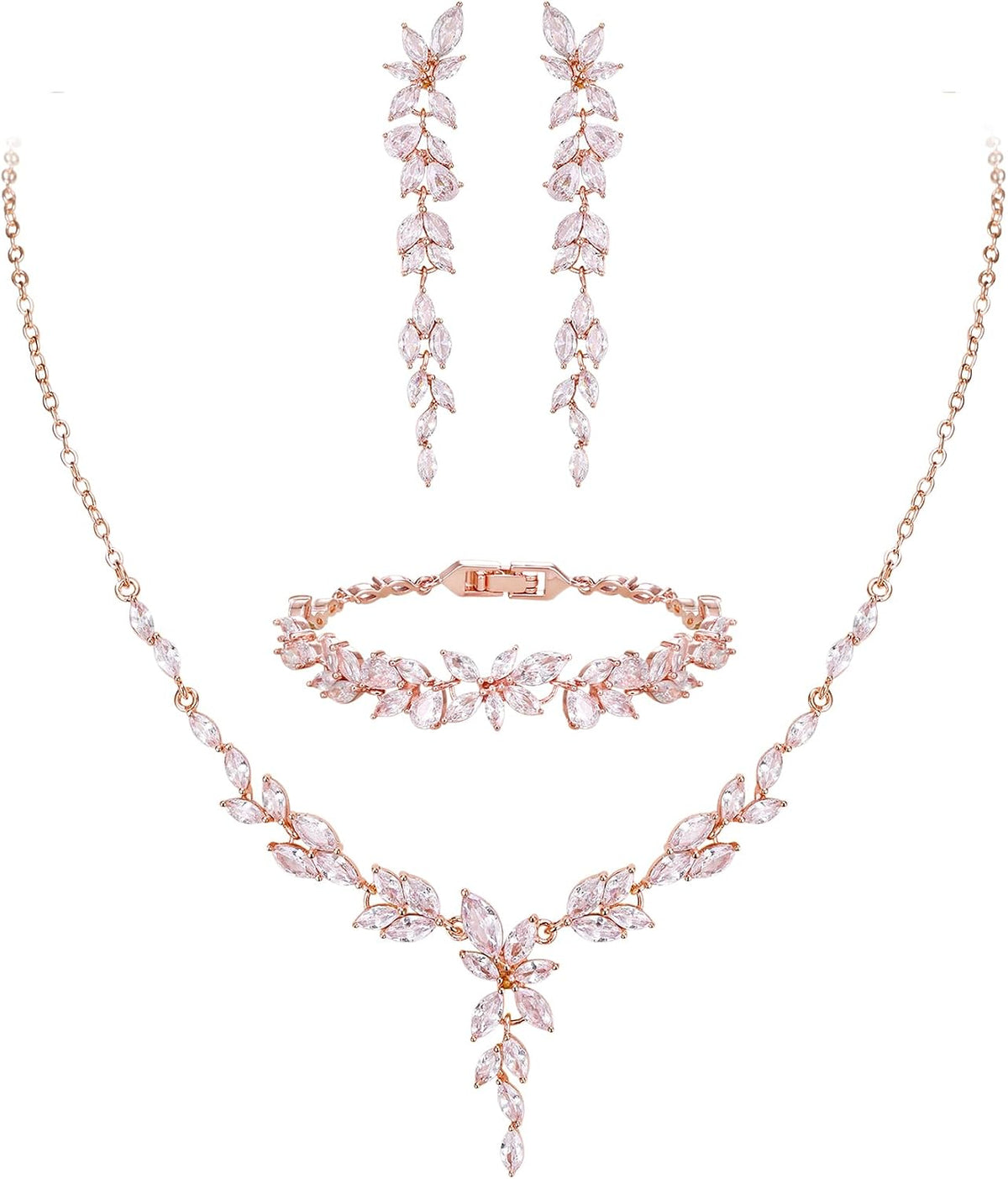 Matching bridal set: necklace, drop earrings and bracelet