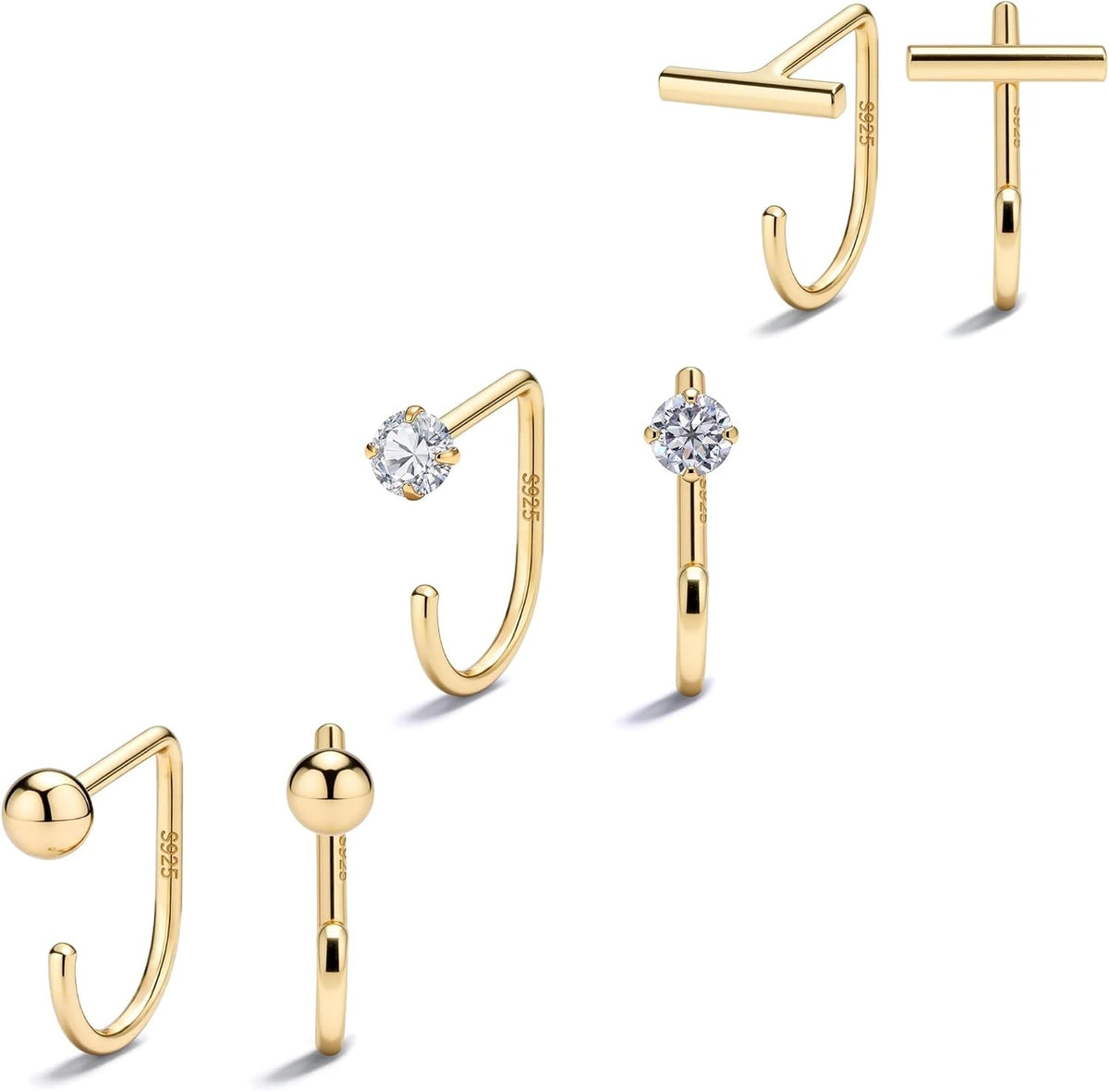 Small half hoop huggie earrings shown in several designs