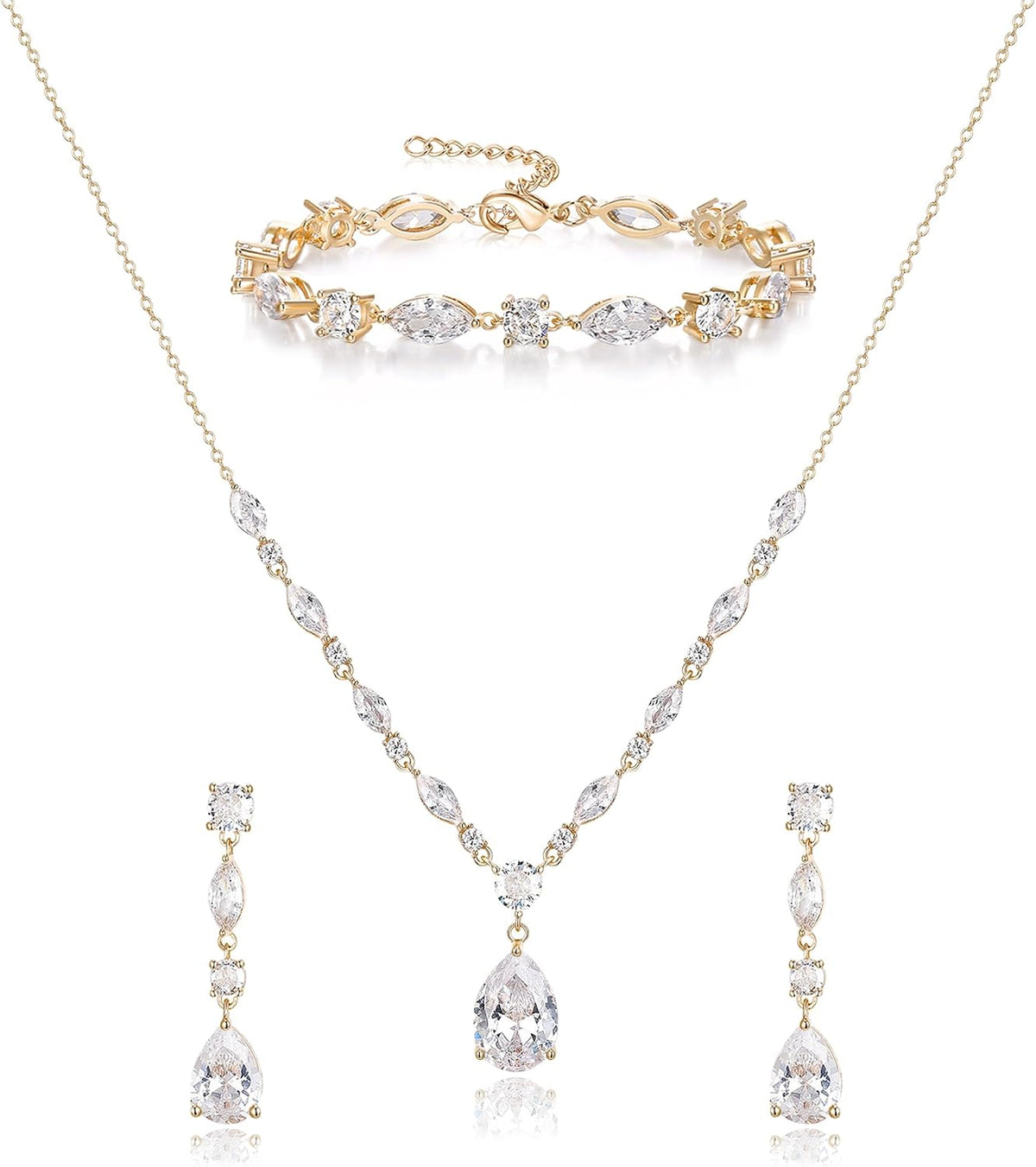 Matching bridal set: necklace, drop earrings and bracelet