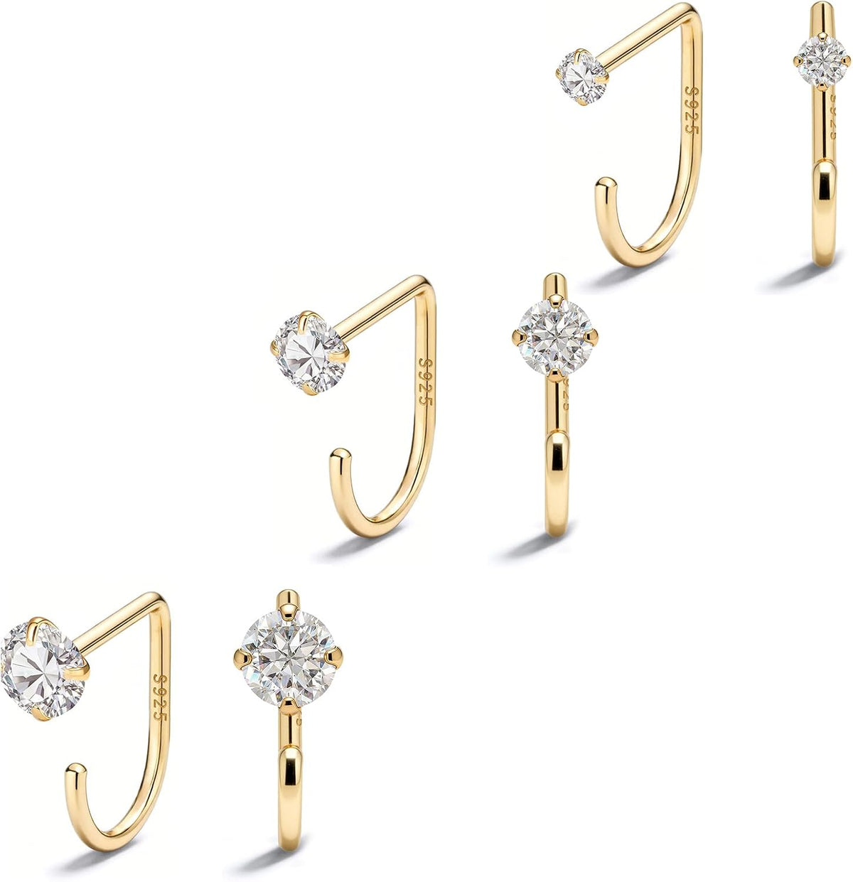 Small half hoop huggie earrings shown in several designs