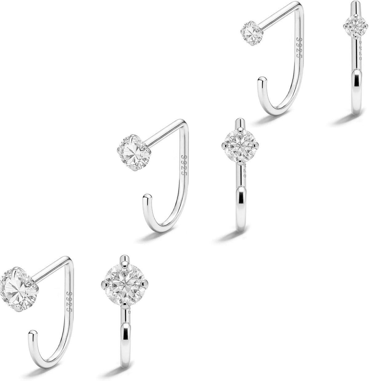 Small half hoop huggie earrings shown in several designs