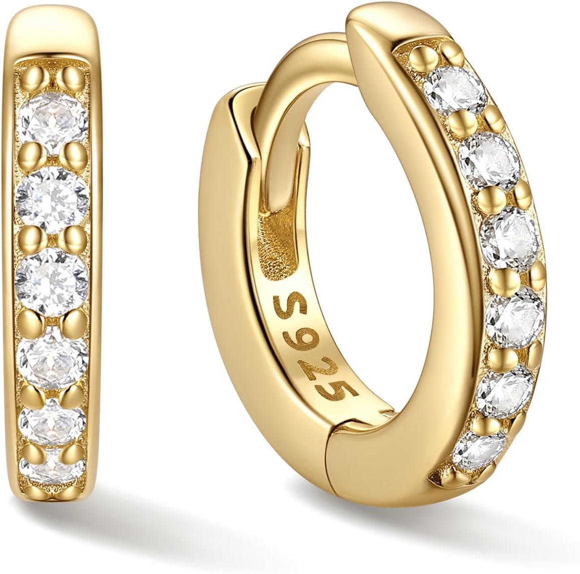 Hinged huggie hoop earrings set with a row of clear stones