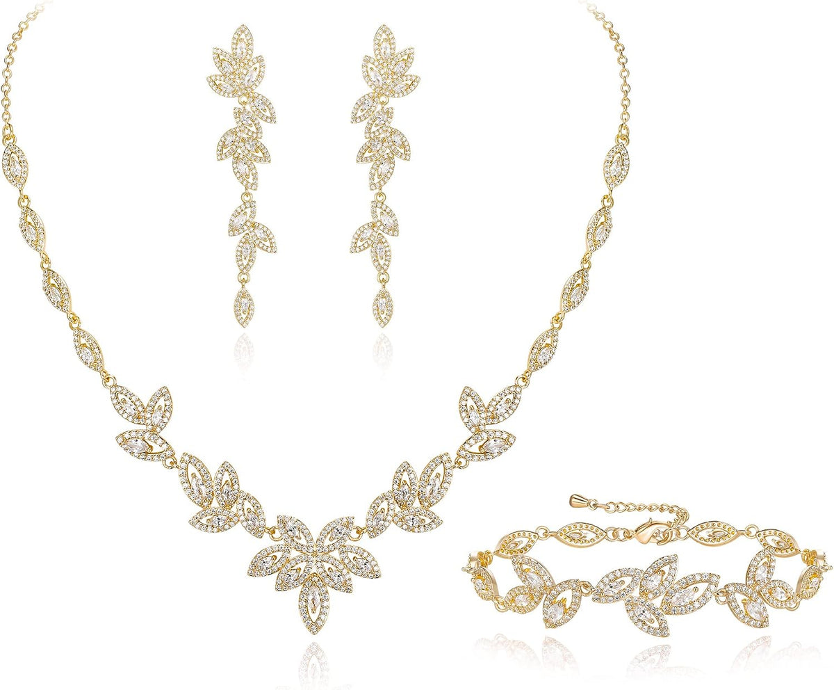 Matching bridal set: necklace, drop earrings and bracelet