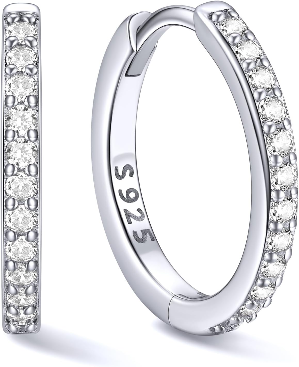 Hinged huggie hoop earrings set with a row of clear stones