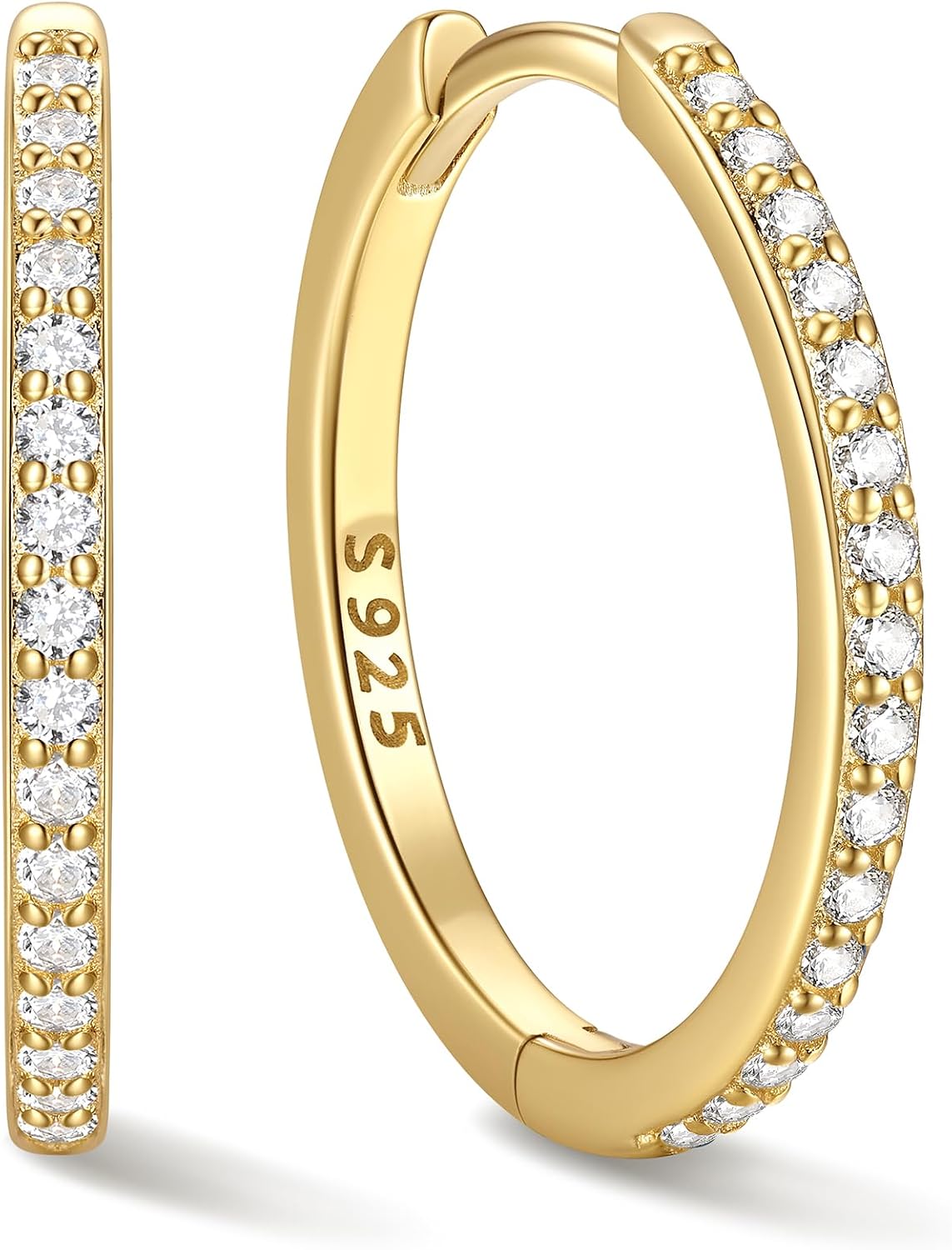 Hinged huggie hoop earrings set with a row of clear stones