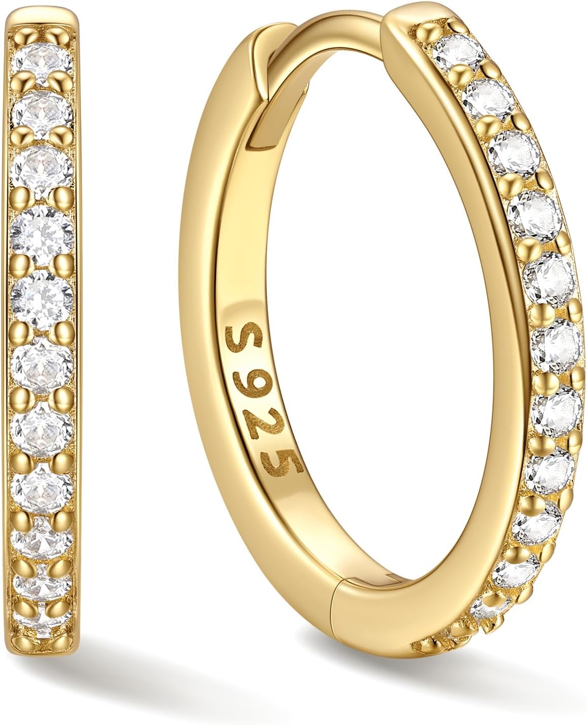Hinged huggie hoop earrings set with a row of clear stones