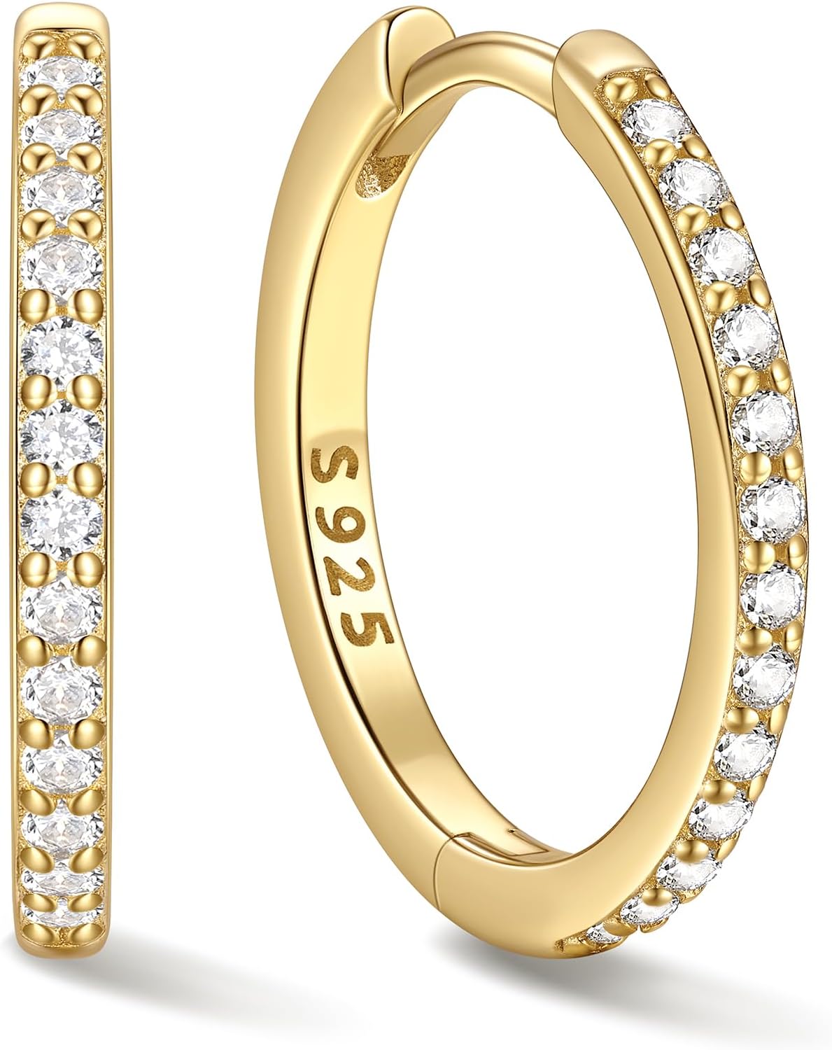 Hinged huggie hoop earrings set with a row of clear stones