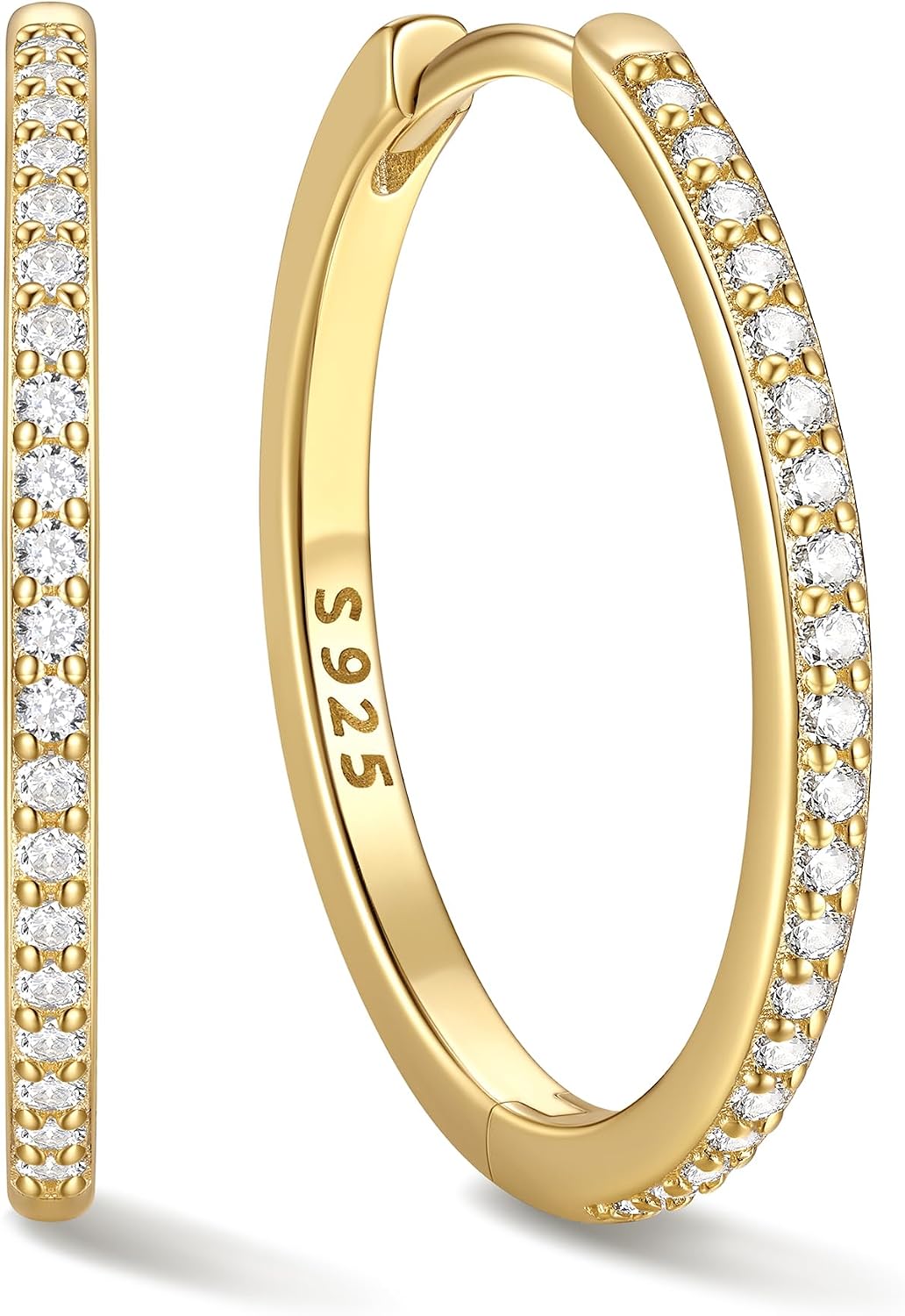 Hinged huggie hoop earrings set with a row of clear stones