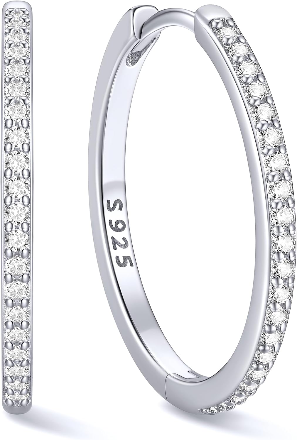 Hinged huggie hoop earrings set with a row of clear stones