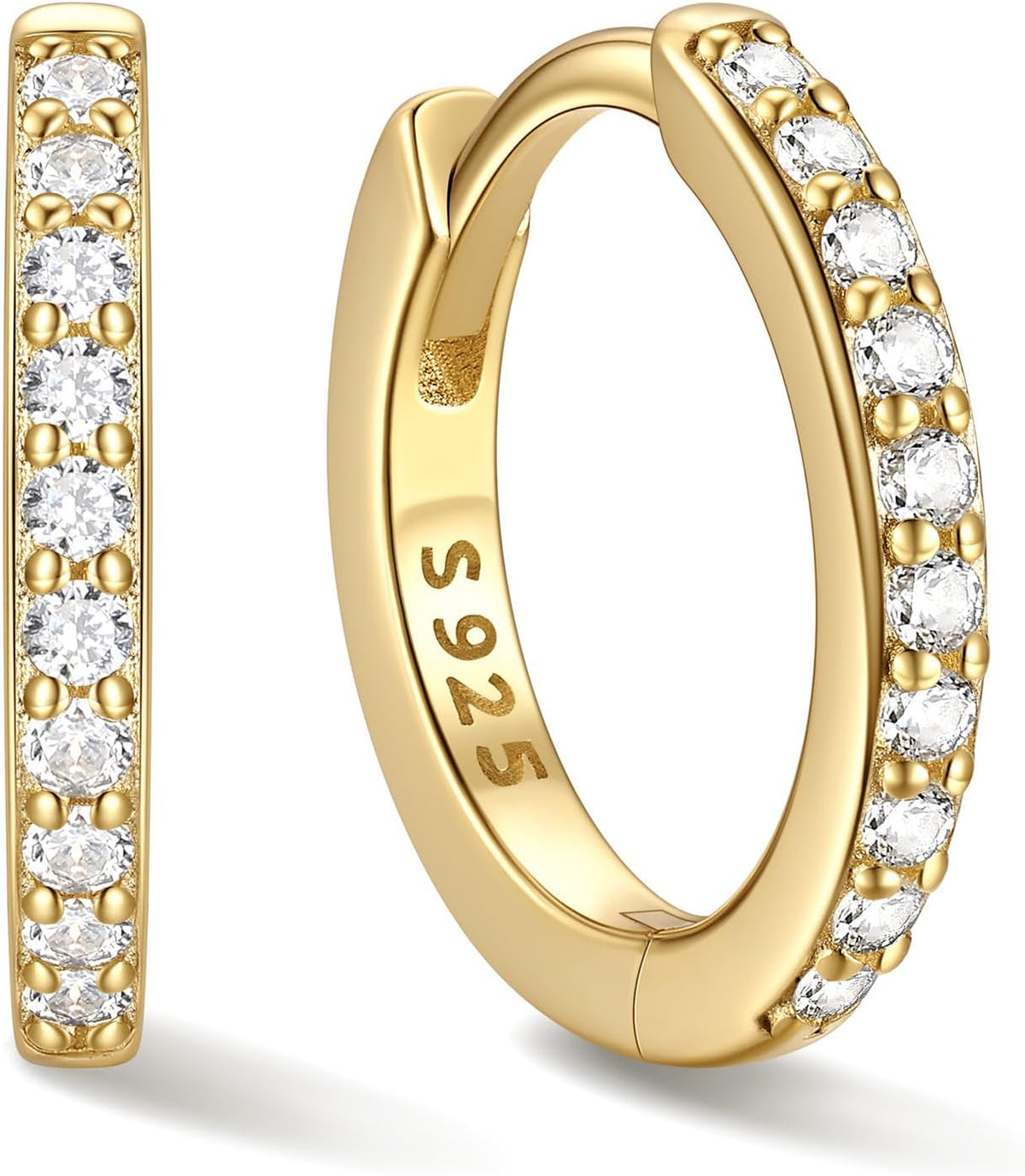Hinged huggie hoop earrings set with a row of clear stones