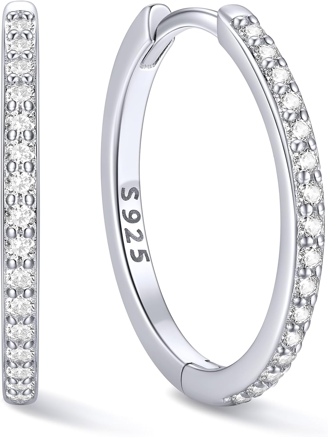 Hinged huggie hoop earrings set with a row of clear stones