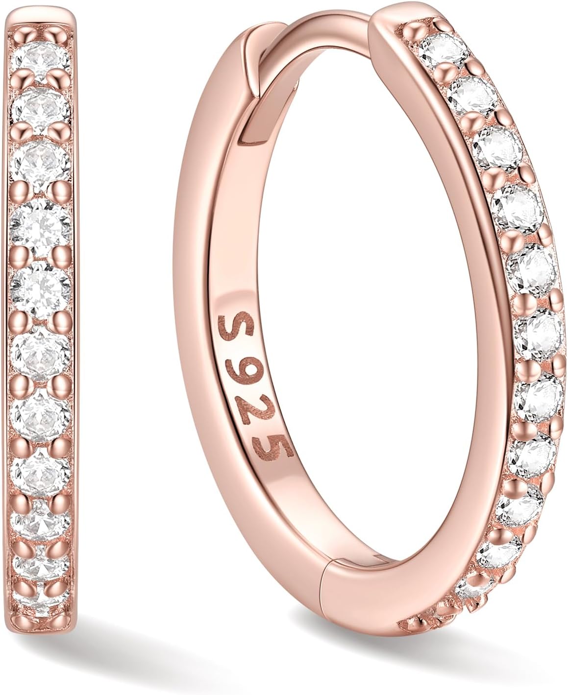 Hinged huggie hoop earrings set with a row of clear stones