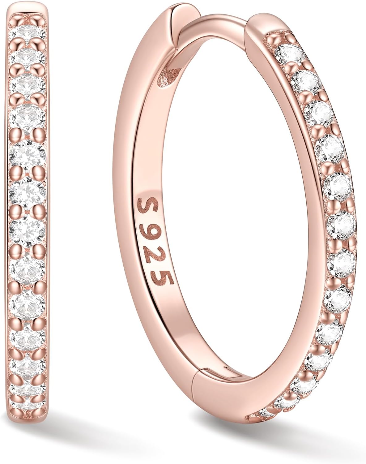 Hinged huggie hoop earrings set with a row of clear stones