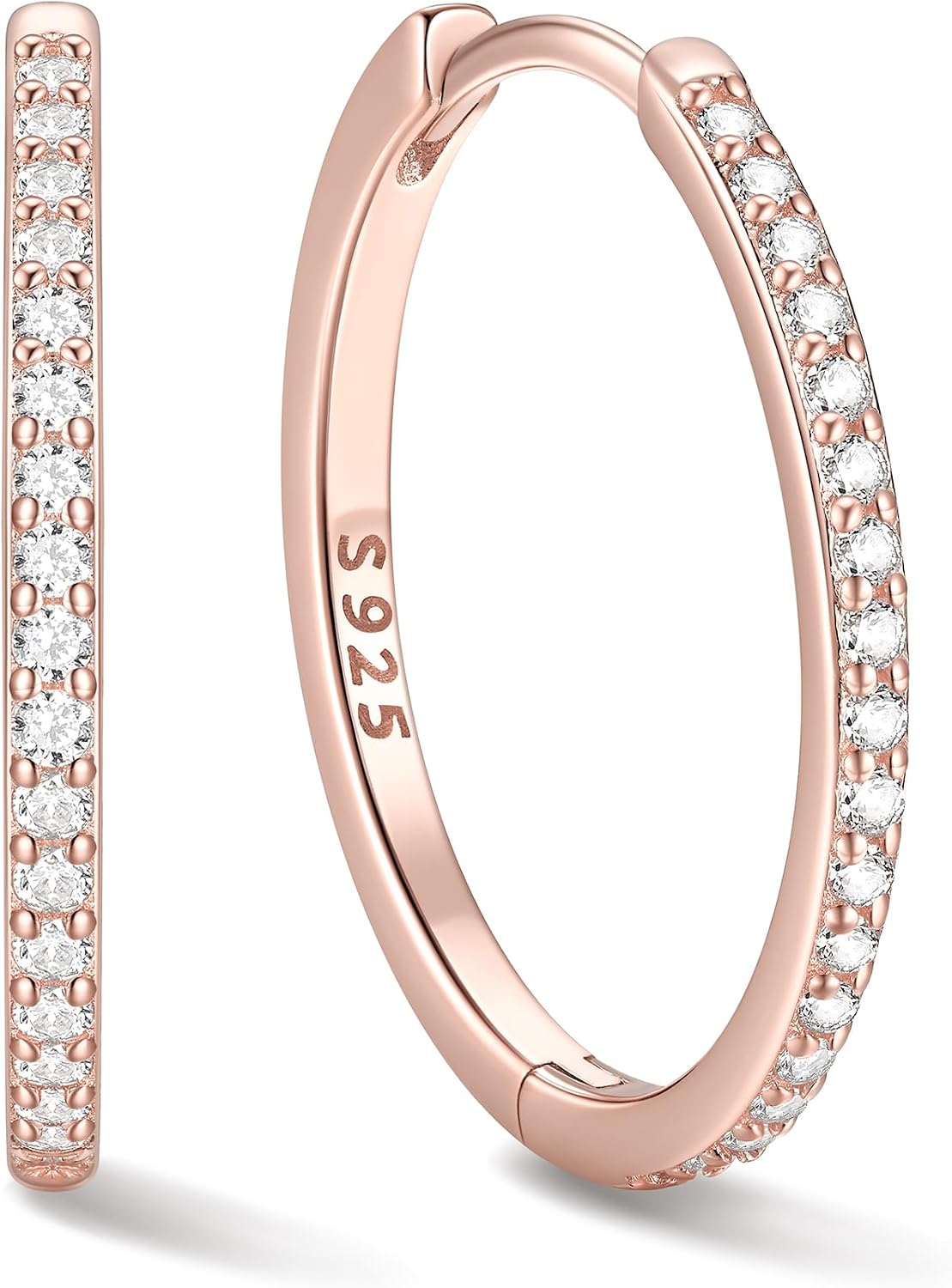 Hinged huggie hoop earrings set with a row of clear stones