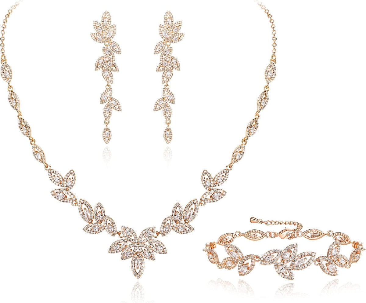 Matching bridal set: necklace, drop earrings and bracelet