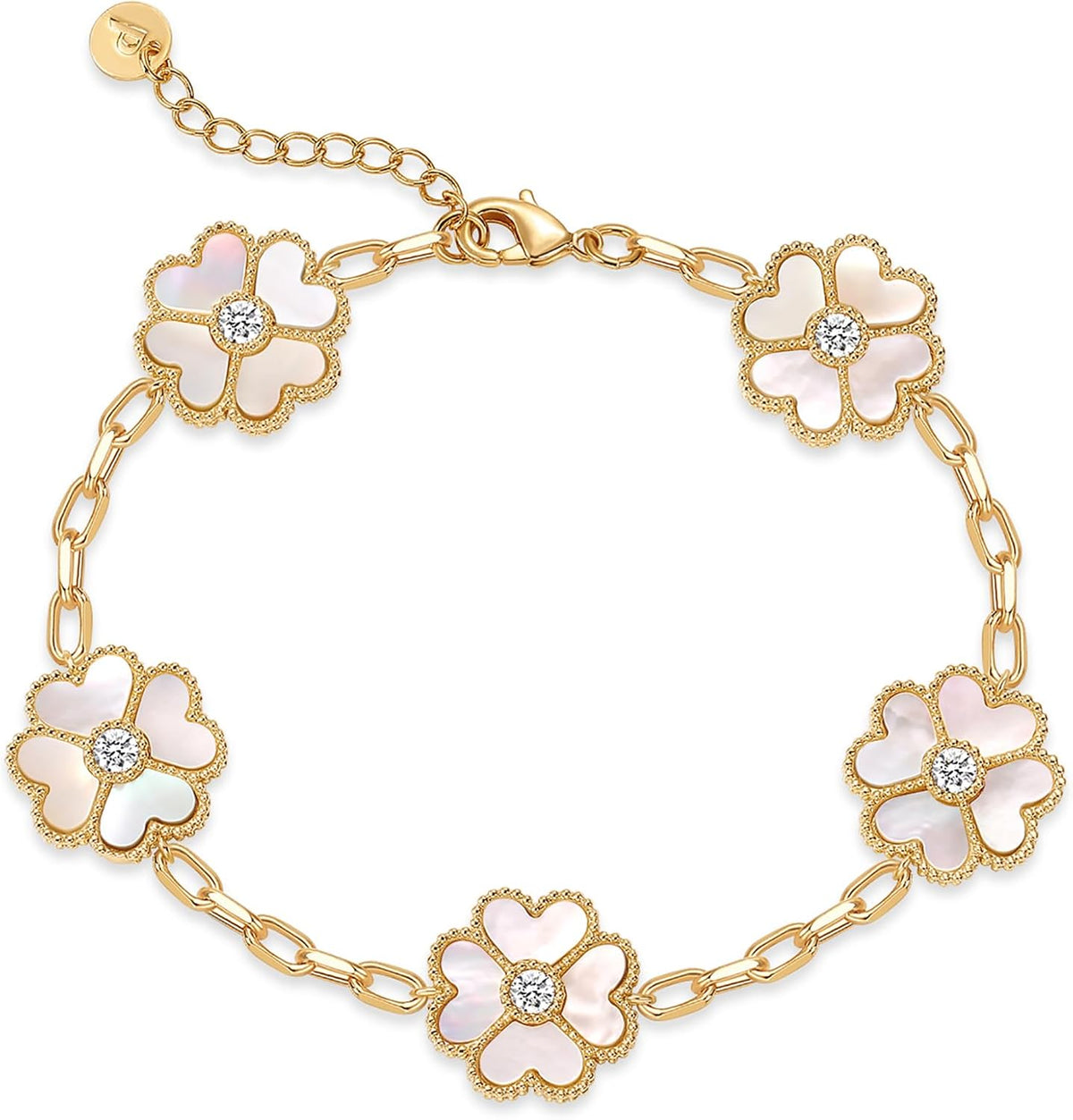 Gold-tone paperclip chain bracelet with five flower stations
