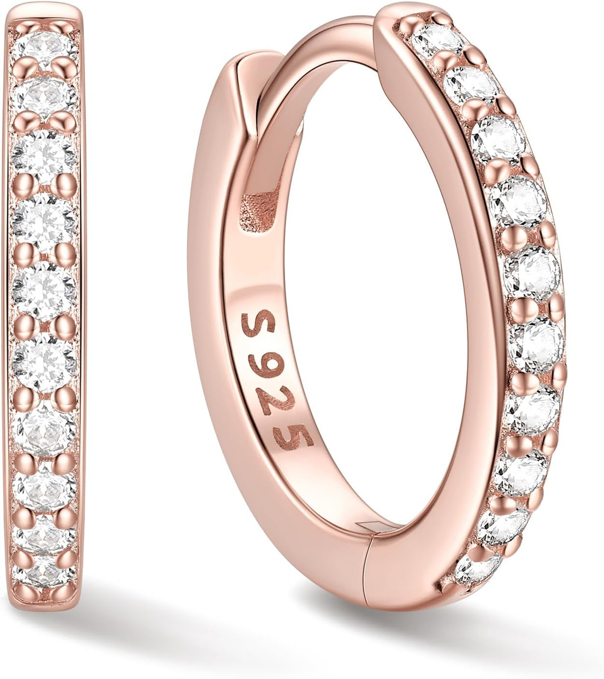 Hinged huggie hoop earrings set with a row of clear stones