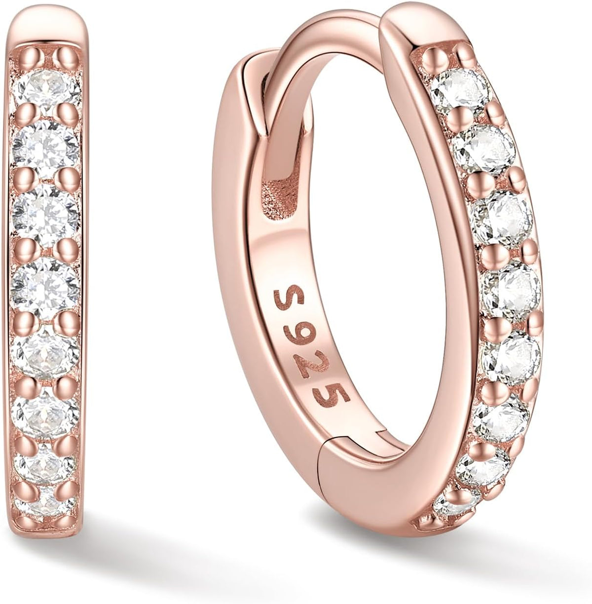 Hinged huggie hoop earrings set with a row of clear stones