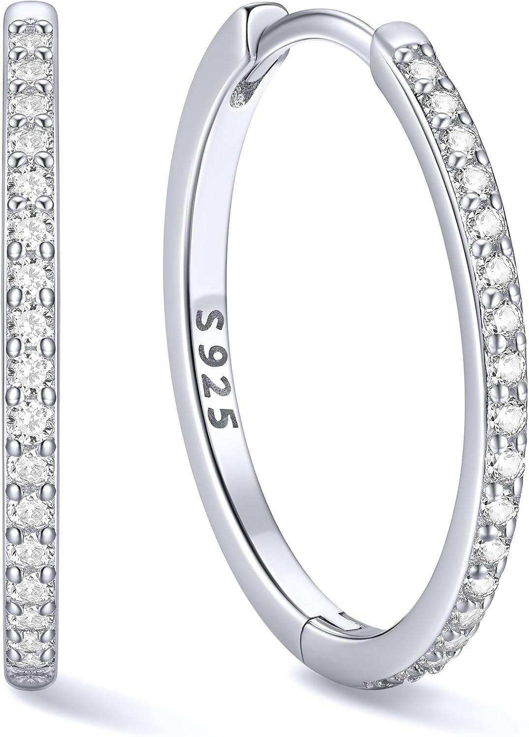 Hinged huggie hoop earrings set with a row of clear stones