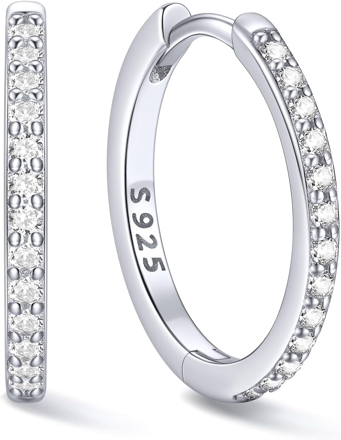 Hinged huggie hoop earrings set with a row of clear stones
