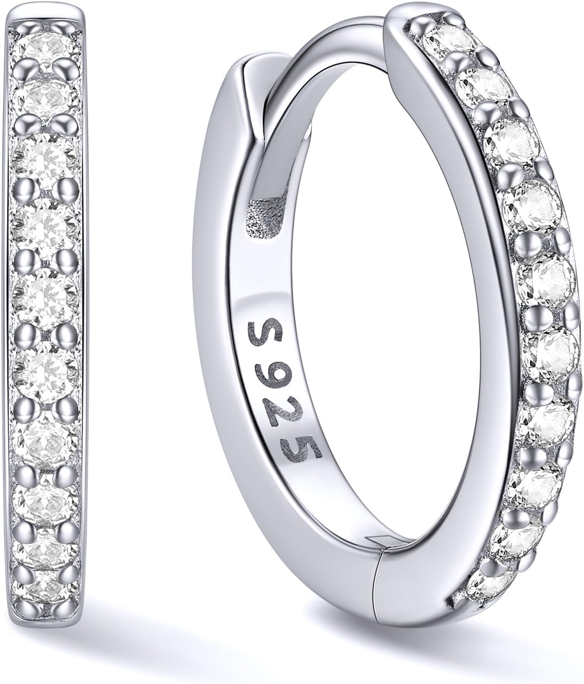 Hinged huggie hoop earrings set with a row of clear stones