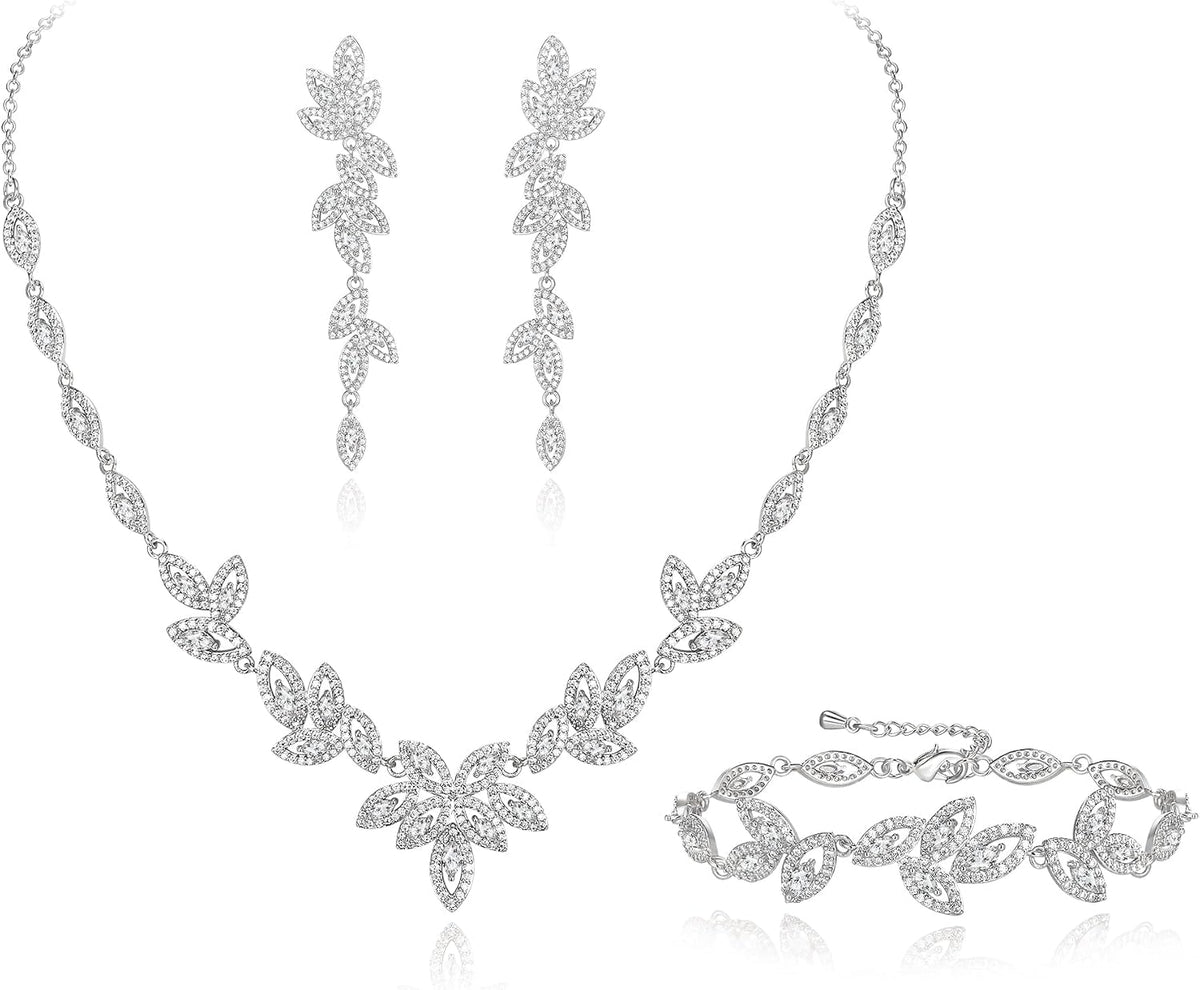 Matching bridal set: necklace, drop earrings and bracelet