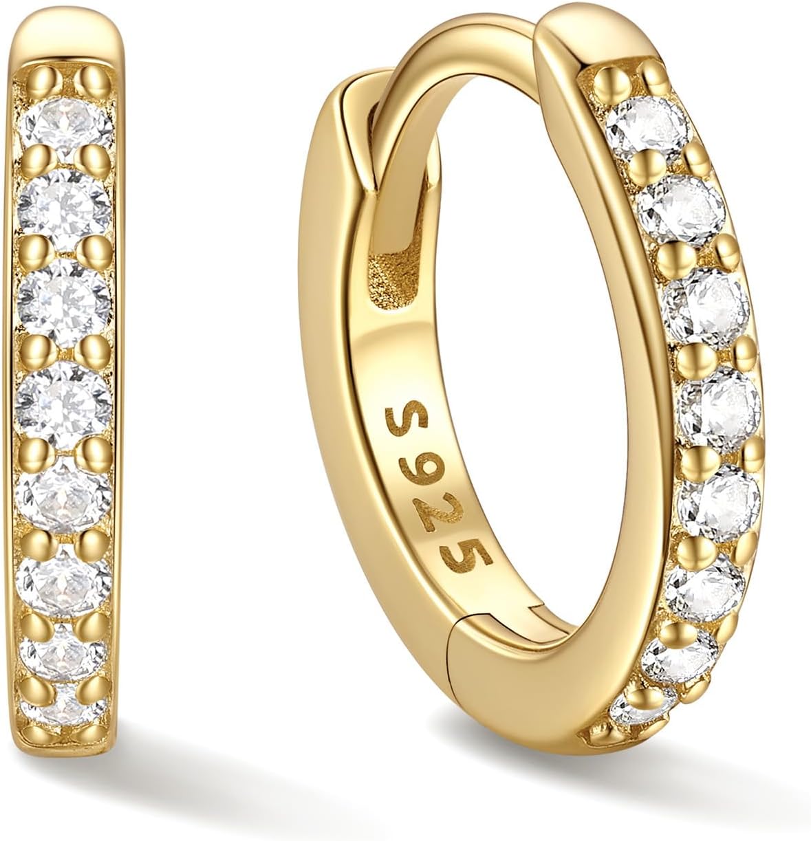 Hinged huggie hoop earrings set with a row of clear stones