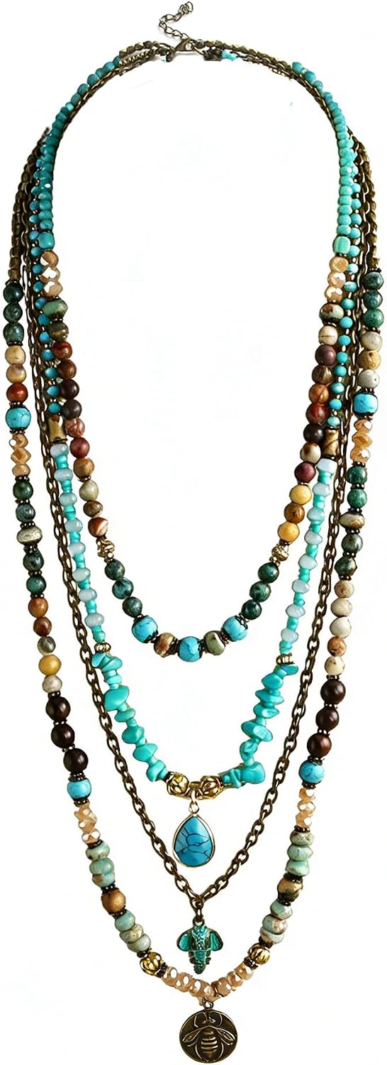 Four-strand layered necklace of mixed stone, wood and glass beads