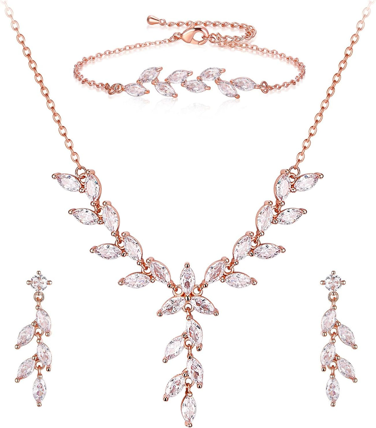 Matching bridal set: necklace, drop earrings and bracelet