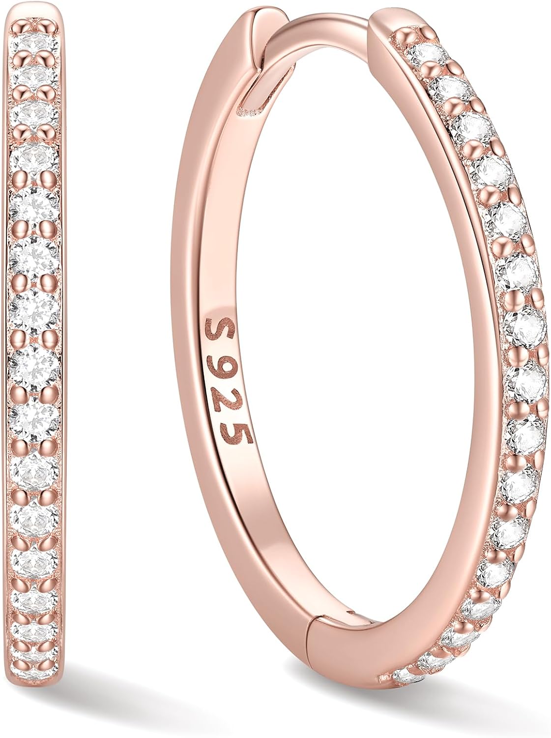 Hinged huggie hoop earrings set with a row of clear stones