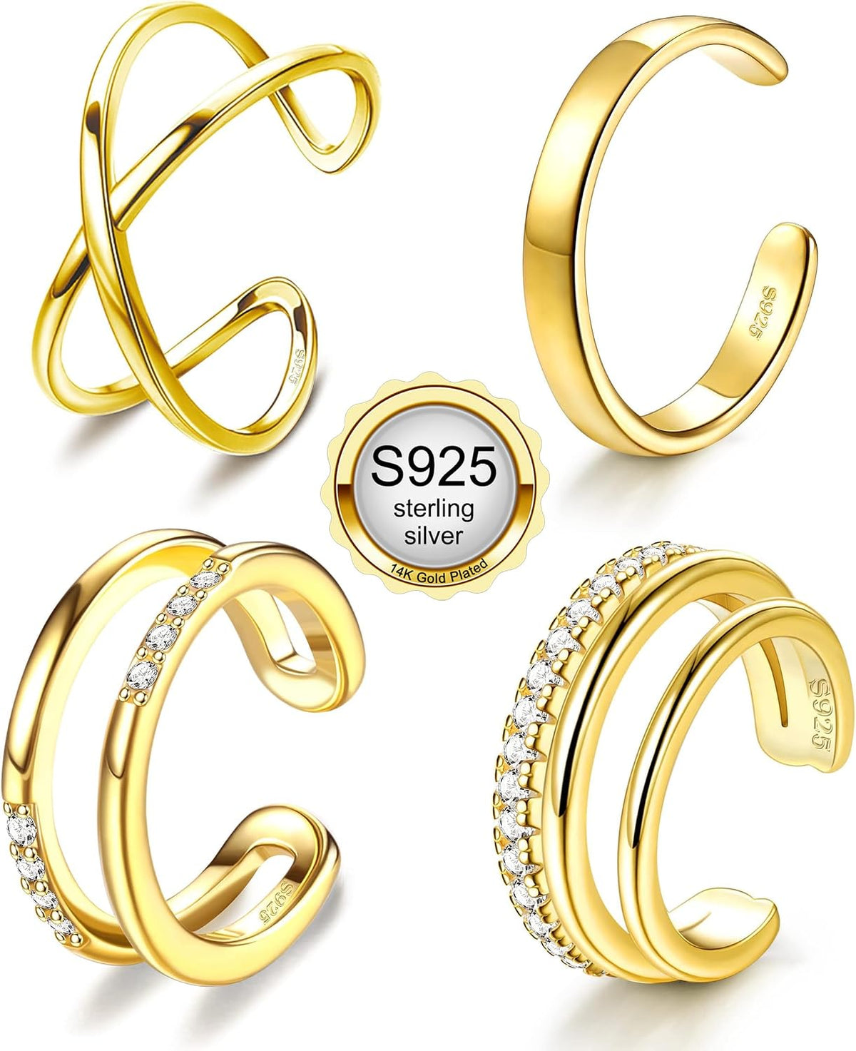 Set of four non-piercing ear cuffs that clip onto the ear rim