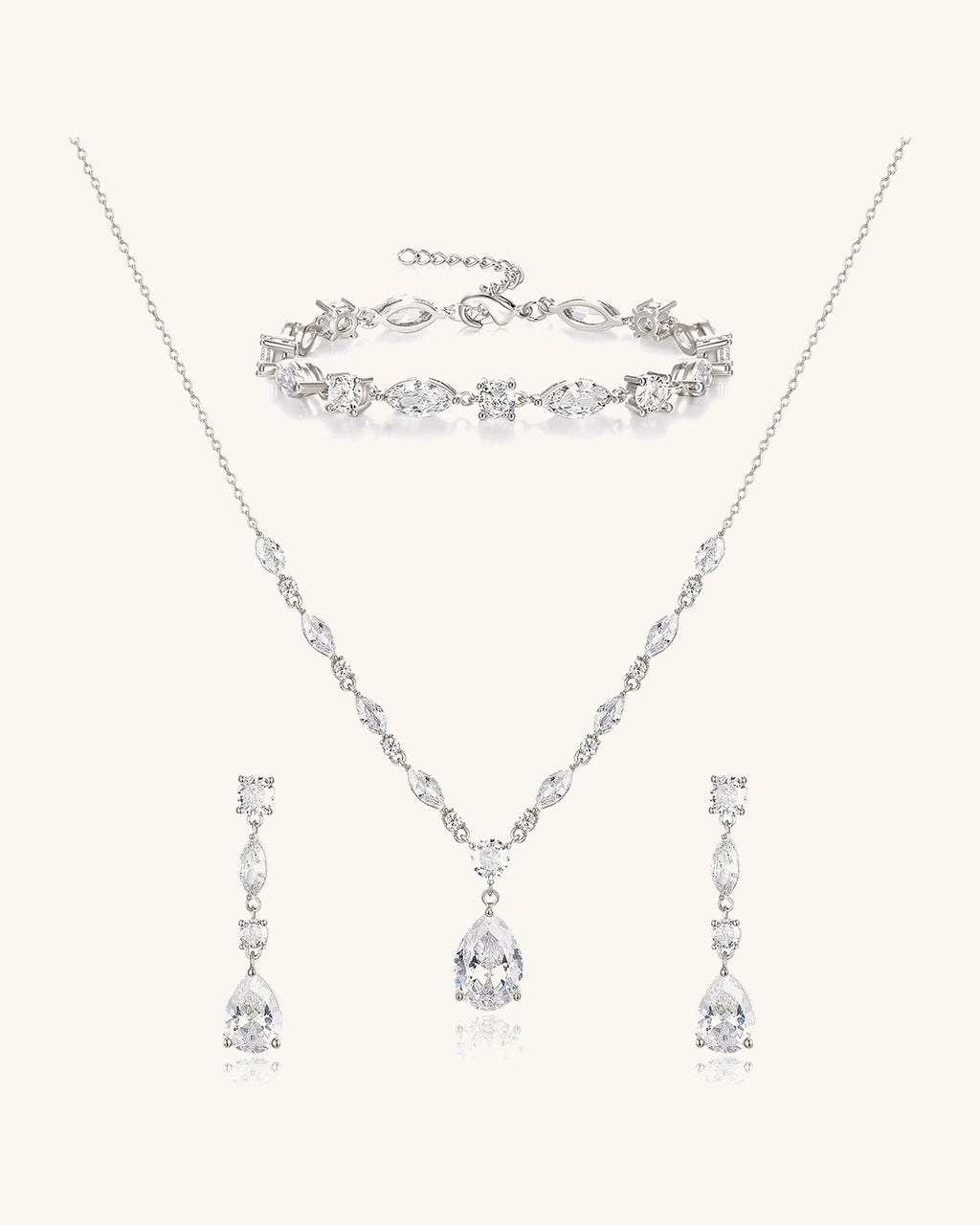 Matching bridal set: necklace, drop earrings and bracelet