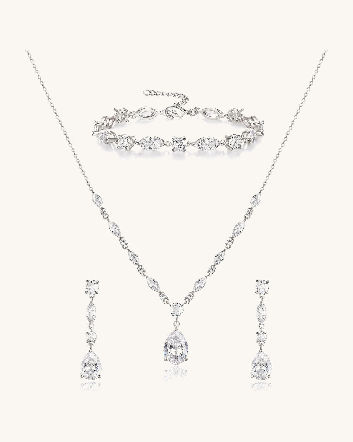 Matching bridal set: necklace, drop earrings and bracelet
