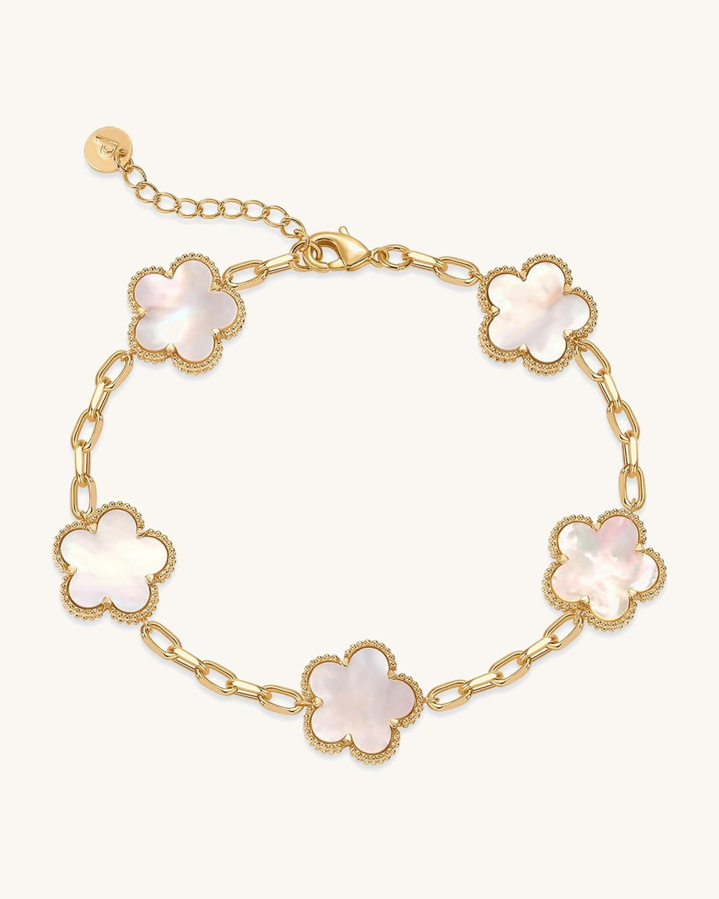 Gold-tone paperclip chain bracelet with five flower stations