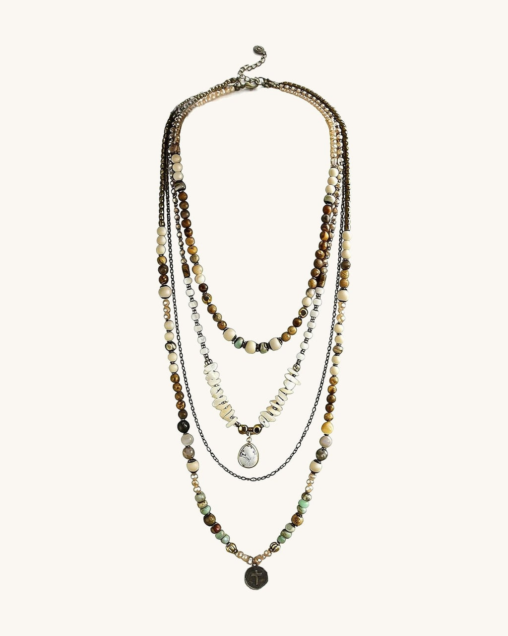Four-strand layered necklace of mixed stone, wood and glass beads