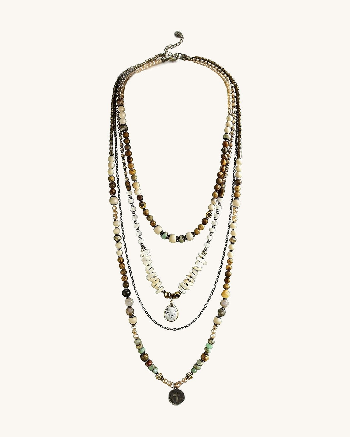 Four-strand layered necklace of mixed stone, wood and glass beads