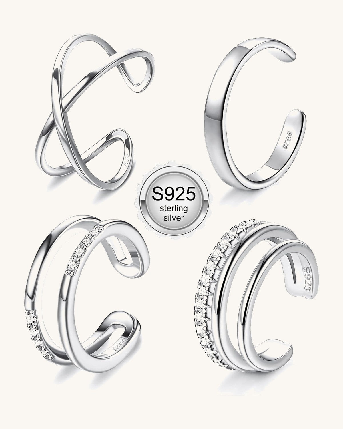 Set of four non-piercing ear cuffs that clip onto the ear rim